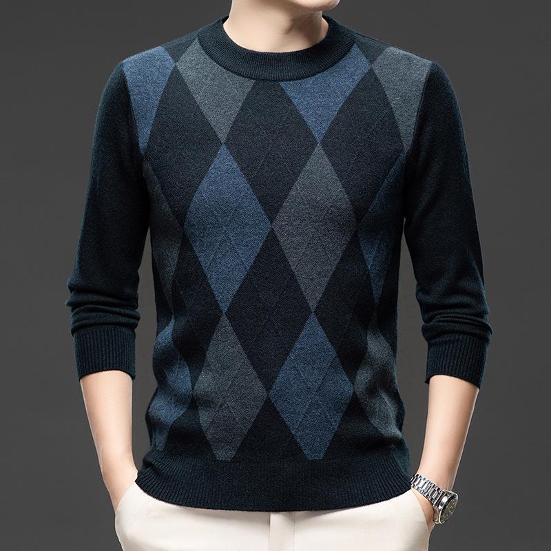 

Men s Thick Warm Round Neck Sweater - Autumn/Winter Mid-Age Casual Loose Knit Top 4XL чорний/синій