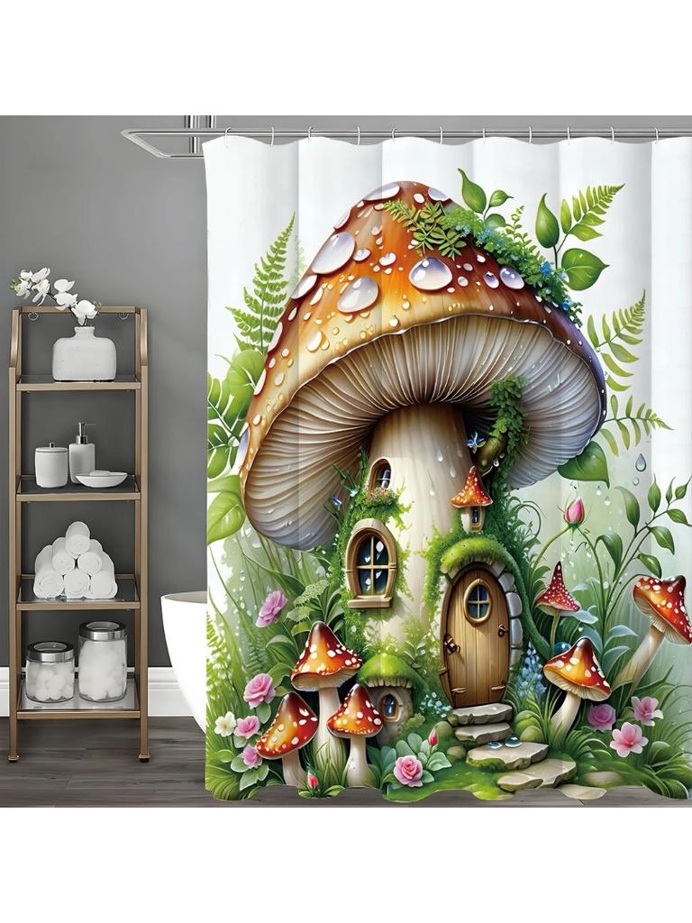 Enchanted Forest Mushroom Hut Floral Shower Curtain, Bathroom Decorative Shower Curtain, Waterproof Shower Curtain with Hooks