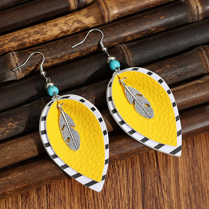 Bohemian Style Bright Yellow Color Block Striped Leather Earrings Fashion Vintage Statement Earrings For Women Daily Vacation Jewelry