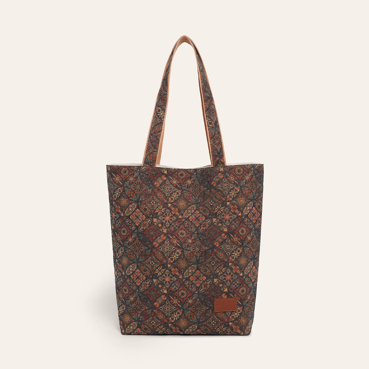 

Fashion multi-element casual retro print eco-friendly cork shoulder tote bag bohemian commuter bag shopping bag темно-коричневого