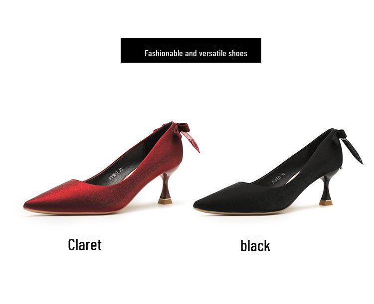 Women's High Heel Bow Shoes - Wine Red/Black (Autumn/Winter Collection)