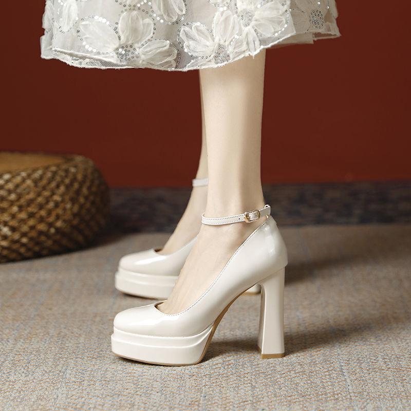 Small white high heels women thick heels not tired feet patent leather host car show model waterproof table super high heel single shoes