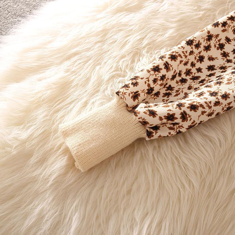 Herbst Neue Oansatz Patchwork Twist Cord Elegante Dame Gestrickte Blumendruck Kleid Frauen Laterne Hülse Schärpen Bogen Midi Kleid