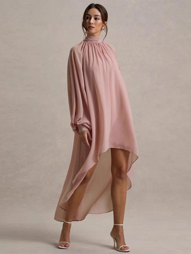 Elegant Women's Long Sleeve High Neck Pleated Dress