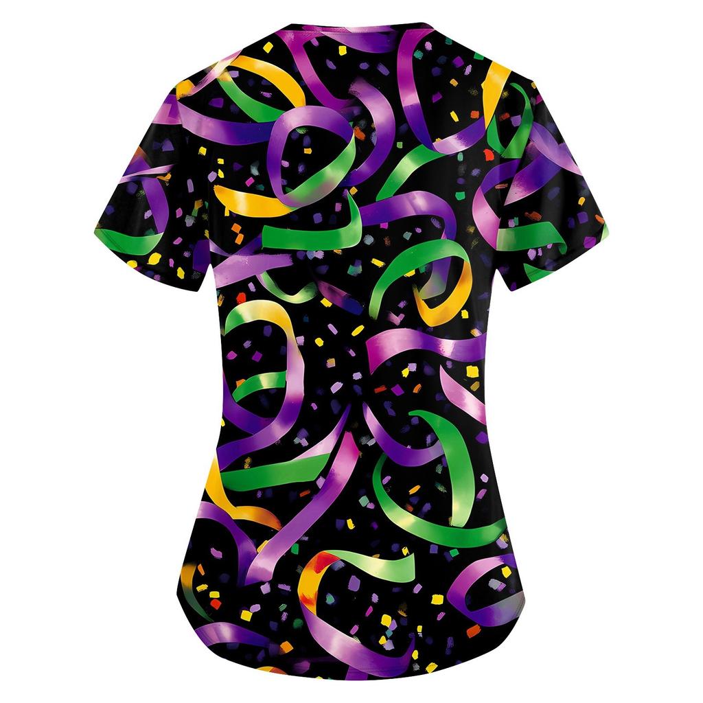 Moda damska Odzież robocza z dekoltem w serek i krótkimi rękawami z kieszeniami Topy z nadrukiem