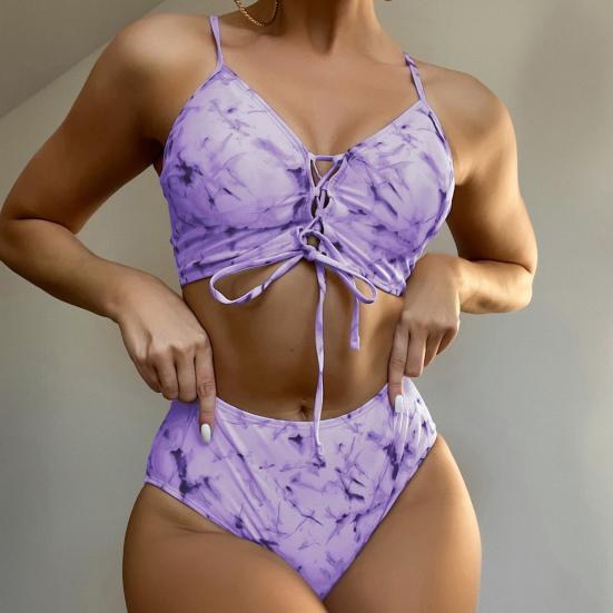 

2 шт./компл. разделенное бикини с принтом тай-дай на шнуровке сексуальный купальник без рукавов с открытой спиной для плавания L фиолетовый