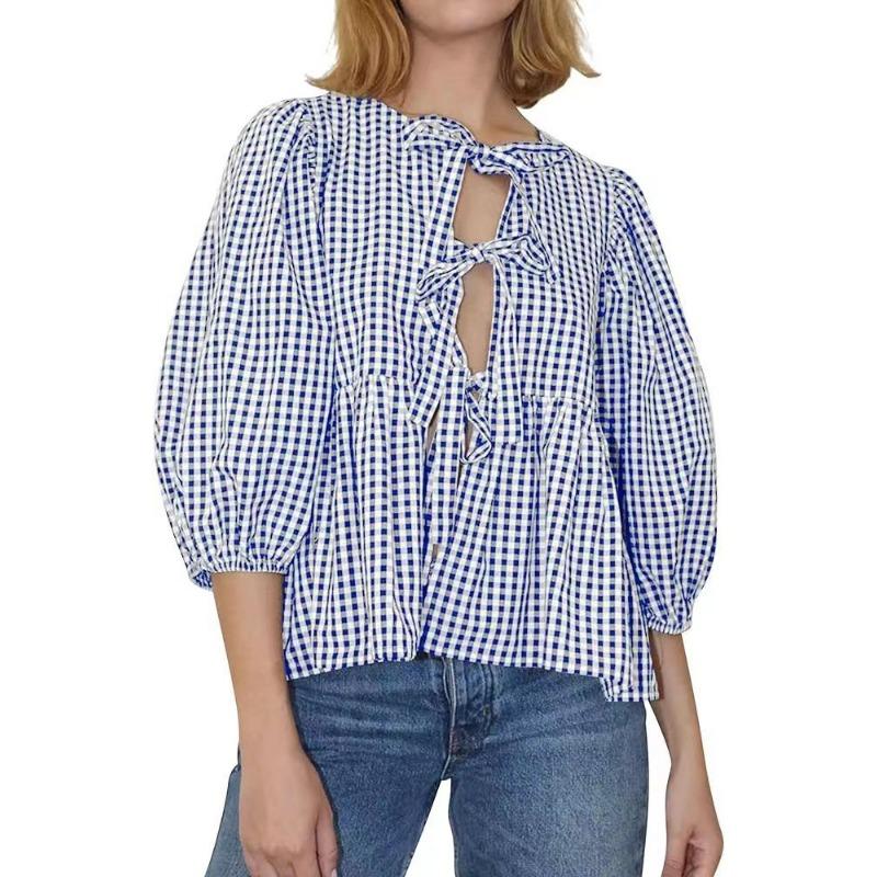 Spring and Summer Sweet and Casual Lace-up Striped Women's Blouses & Shirts