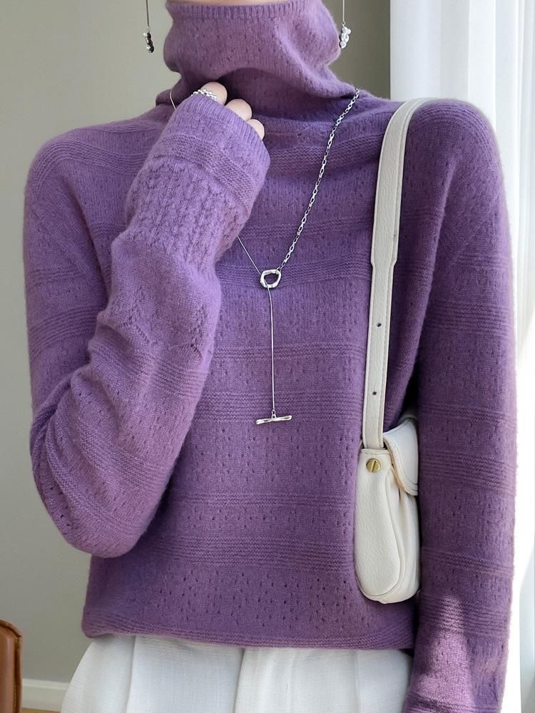 Women's Pure Wool Mock Neck Sweater - Seamless Hollow Knitwear for Autumn/Winter