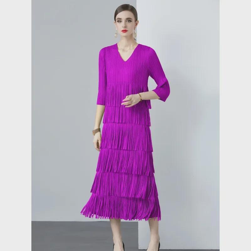 Miyake 2024 V-Neck Long-Sleeved Tassel Pleated Dress