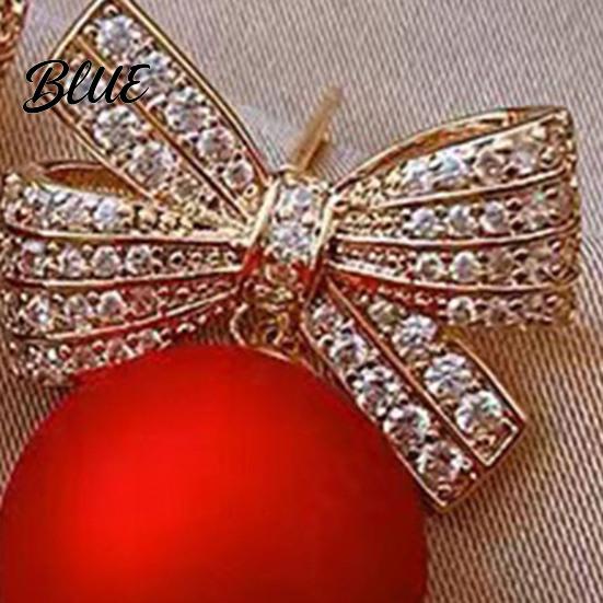 Women Ear Studs 1 Pair Earrings Rhinestone Bow Red Faux