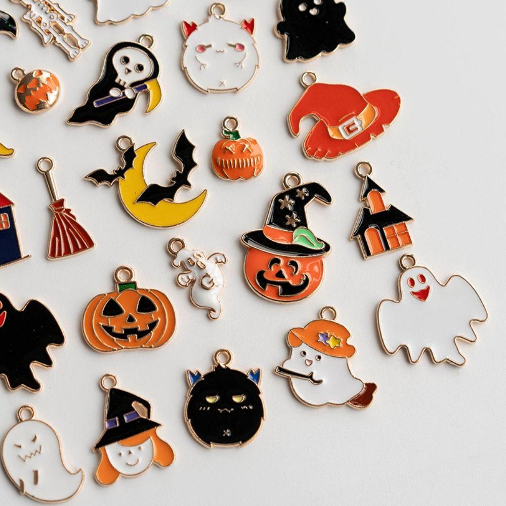 24PCS Colorful Halloween Enamel Charms Alloy Pumpkin Ghost Bat Halloween Pendants Earrings Necklaces Bracelet DIY Accessories
