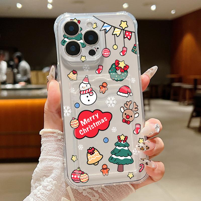 

Прозрачный слот для карт Мягкий силиконовый чехол для телефона с рисунком рождественских подарков для iPhone 16 15 Pro 14 13 Pro Max 12 11 Ударопрочный тонкий чехол для защиты объектива iPhone 11 прозрачный