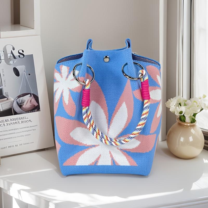 

2025 New Women s Vintage Floral Knit Tote Bag - Lightweight Polyester with Adjustable Woven Shoulder Straps & Metal Rings