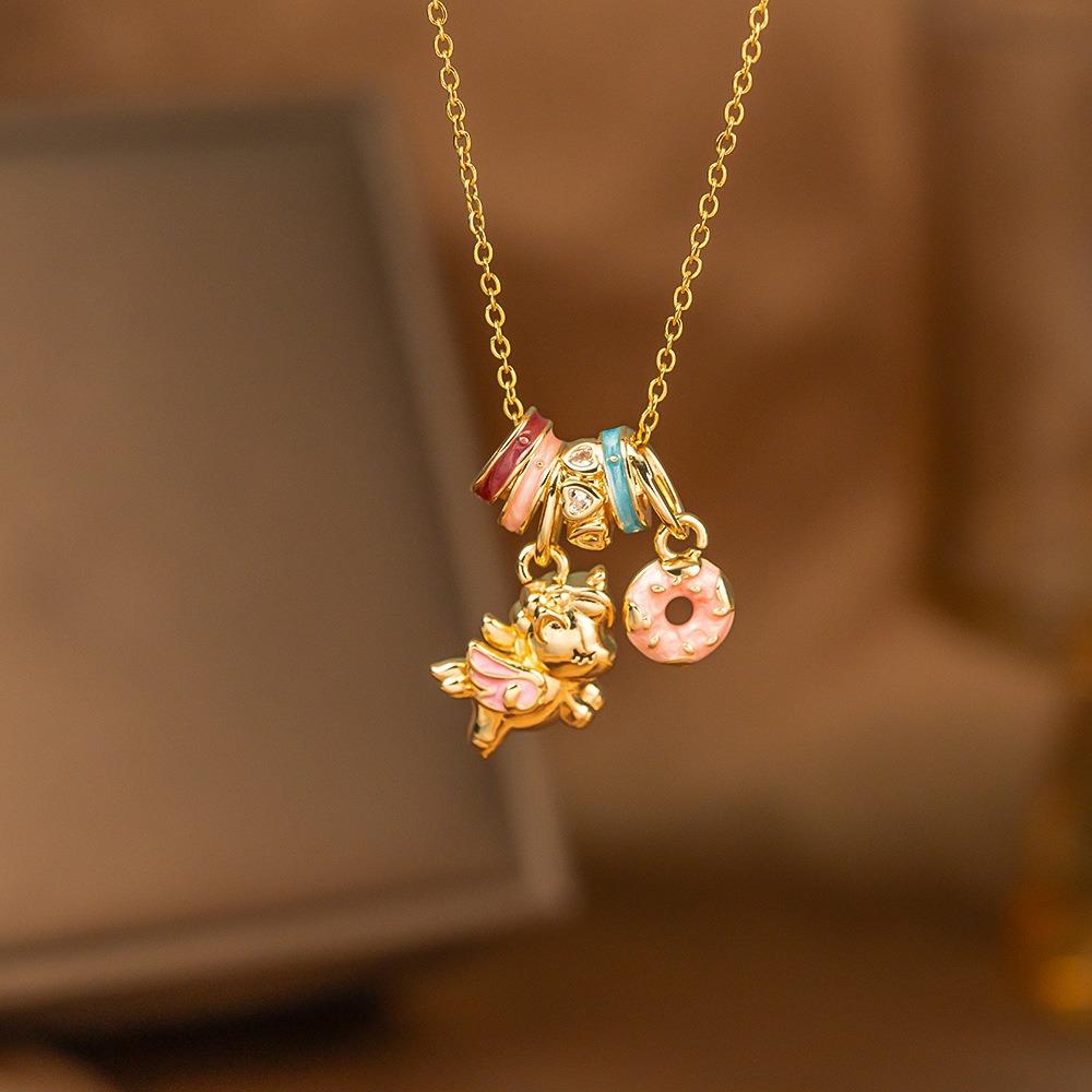 Cute Exquisite Enamel Rocking Horse Donut Pendant Necklace for Women Gold Color Stainless Steel Collar Chain Jewelry Accessories