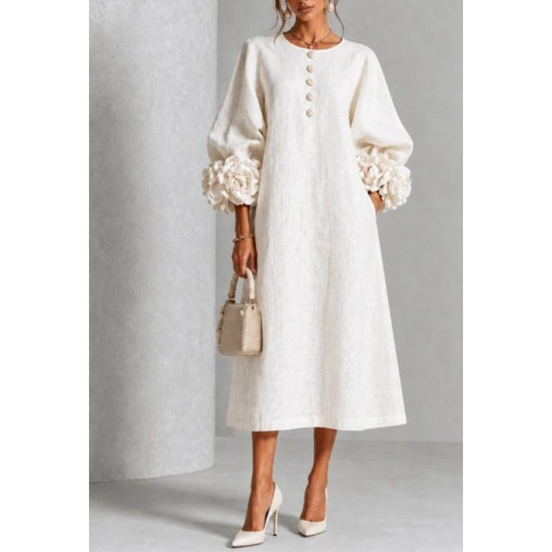 2026 French 3D Floral Lantern Sleeve Button Cotton Linen Midi Dress Women