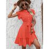 Women Polka Dot Ruffle Short Sleeve Lace Up A Line Casual Vacation Dress