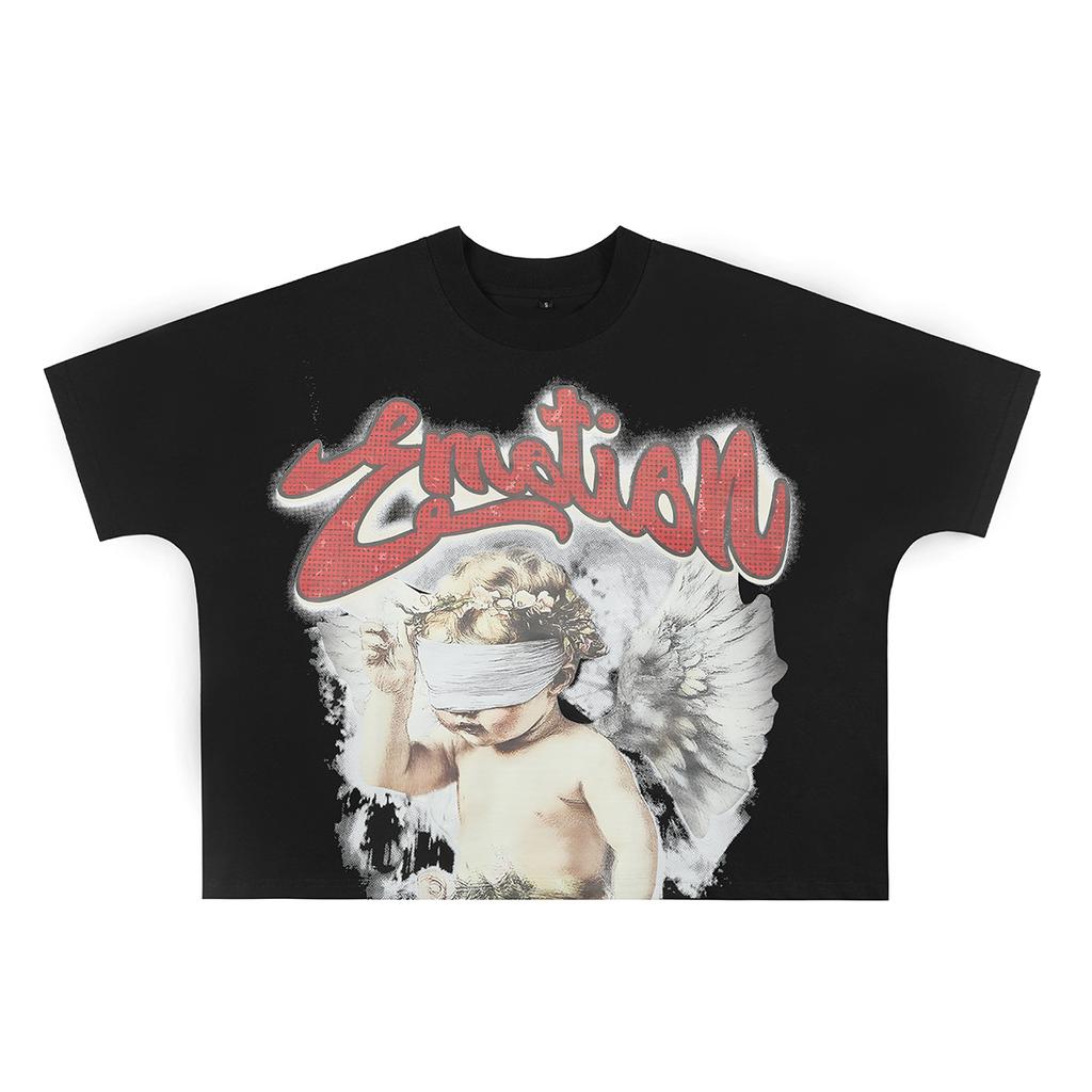 MIXED EMOTION High Quality Beauty Tide High Street Angel Hot Diamond Retro Loose Short Sleeve Full of Printed Men's and Women's T-shirts