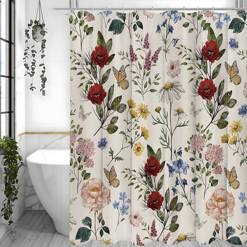 Spring Flower Butterfly Shower Curtain, Bathroom Decorative Shower Curtain, Waterproof Shower Curtain with Hooks