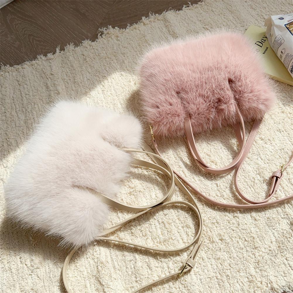 Women Faux Fur Handbag Fluffy Clutch Purse Solid Color Satchel Purse Adjustable Strap Mini Tote Bag for Travel Party