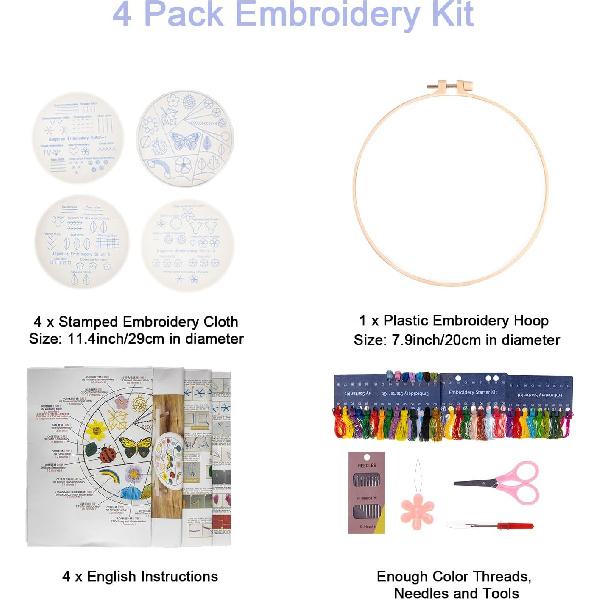 Embroidery Kit for Beginners 4 Sets, Embroidery Kit for Adult Practice Kit for Hand Craft Lover, Starters Cross Stitch Kits with Embroidery Cloth,