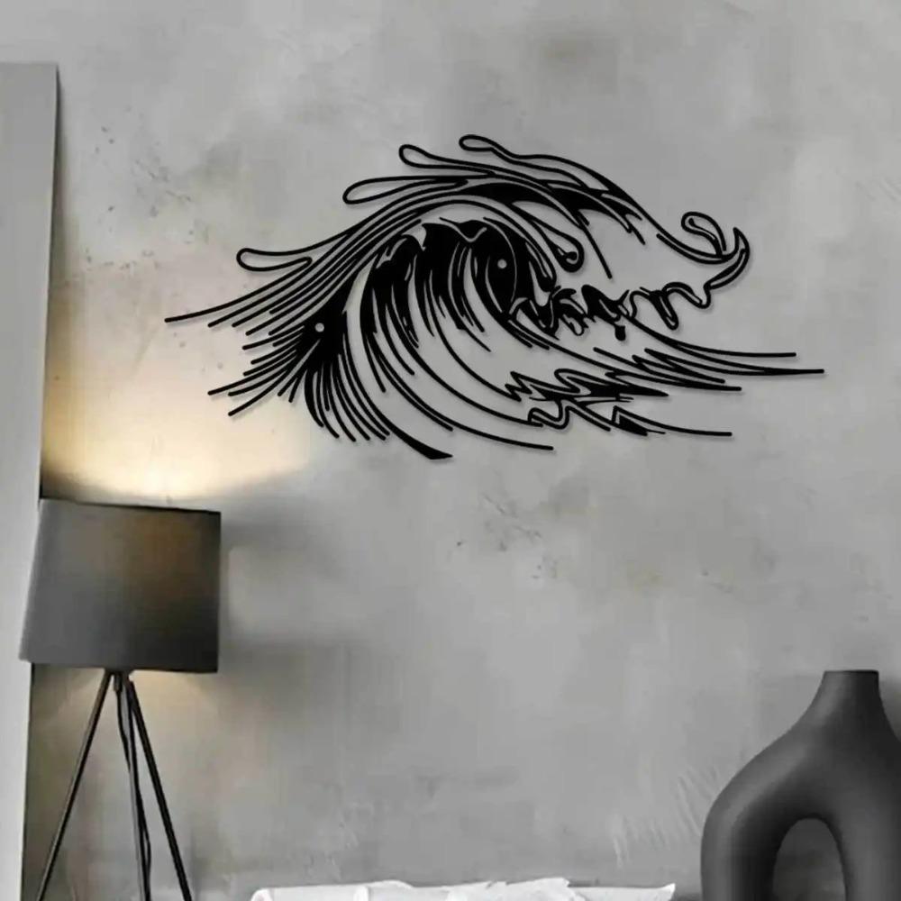 Black Iron Wave Wall Art for Living Room Patio Office, Metal Home Decor Coastal Design