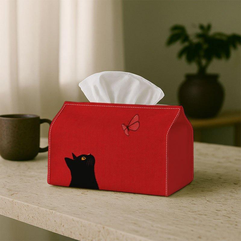 2D Flat, 1 Minimalist Black Cat Design Tissue Box with Red Butterfly Storage Case, Waterproof, Ideal for Bathrooms, Living Rooms, Bedrooms, Vanities,