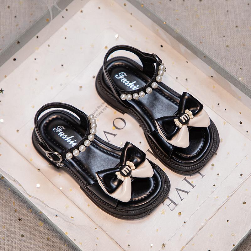 Kids Black White Bow Pearl Decor Thick Sole Sandals 26