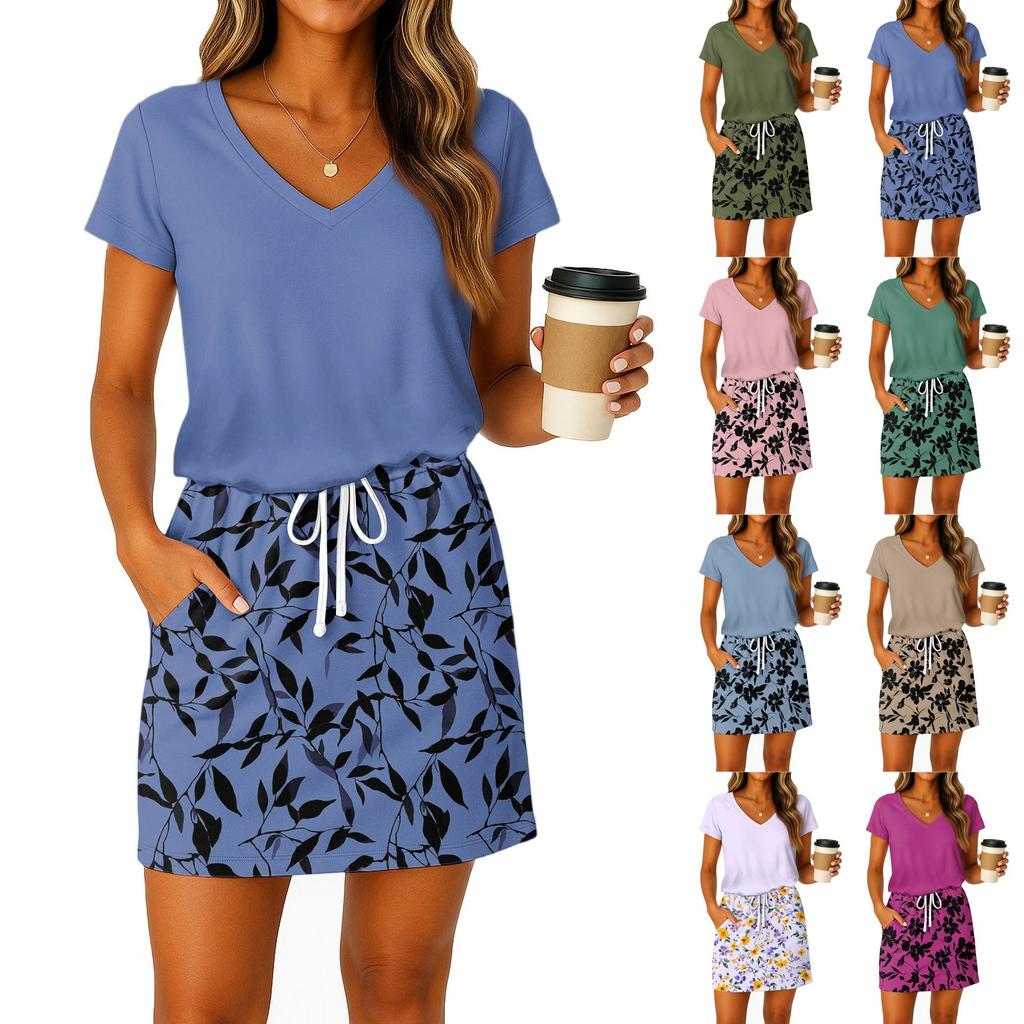 Dámské letní šaty s výstřihem do V, krátkým rukávem, stahováním v pase, kapsou a květinovým potiskem
