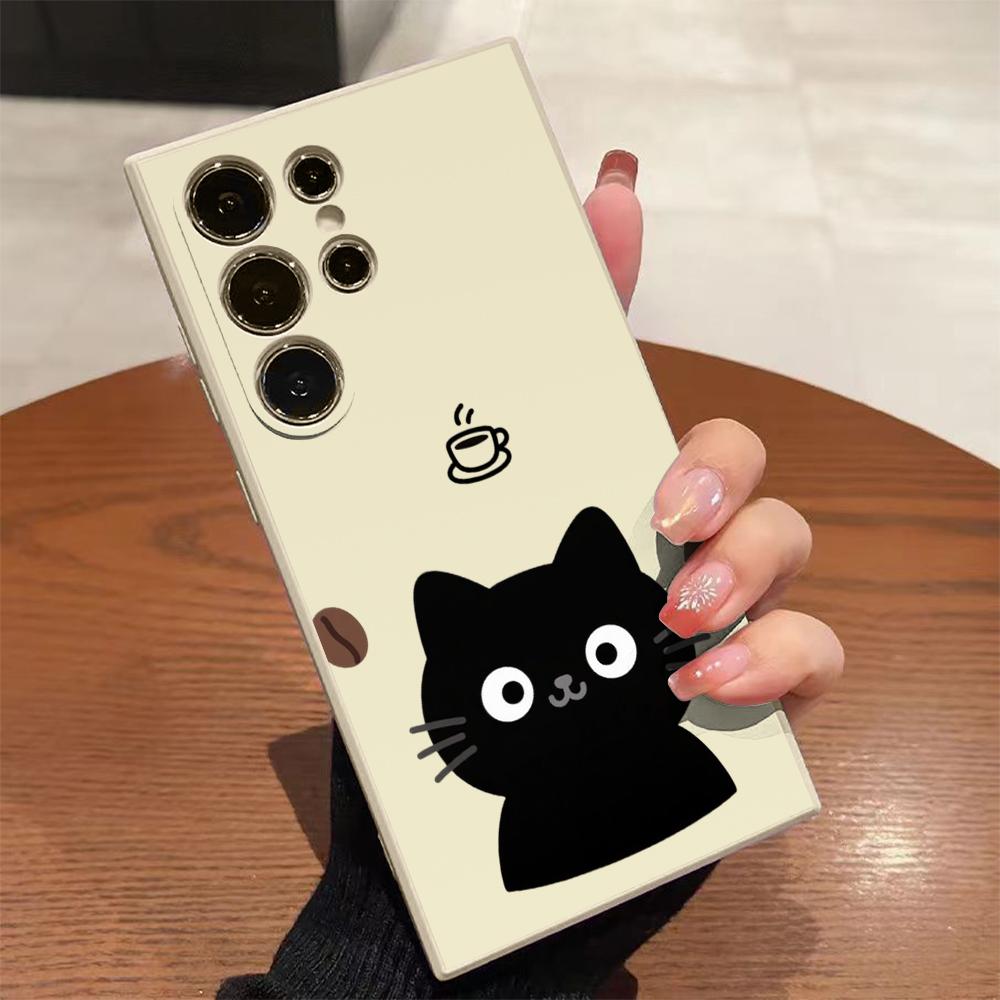 Black Cat with Coffee Elements Case for Samsung Galaxy S25 S24 Ultra S23 S22 S21 S20 FE Plus Soft TPU Slim Fit Shockproof Cover