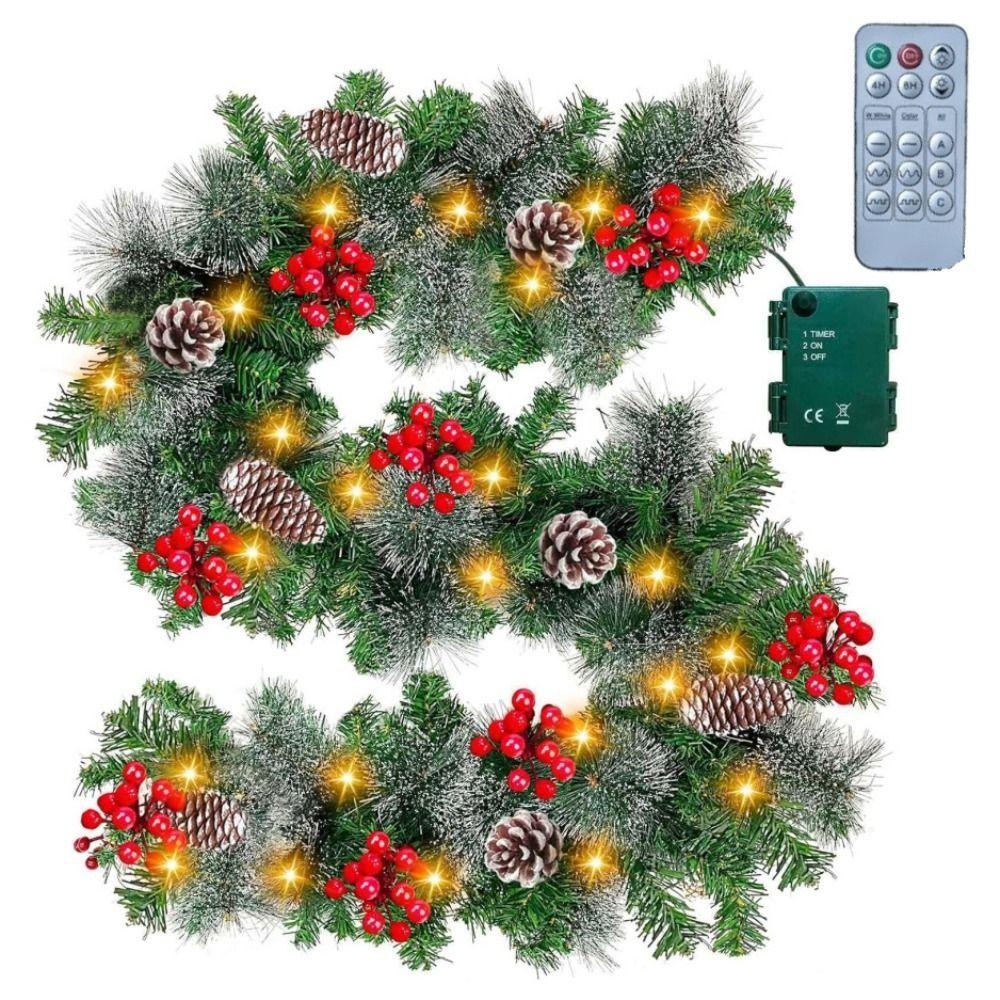 Reusable 8 Modes LED Christmas Garland Waterproof Timer Lighted Xmas Wreath Green Lifelike Christmas Hanging Ornaments New Year