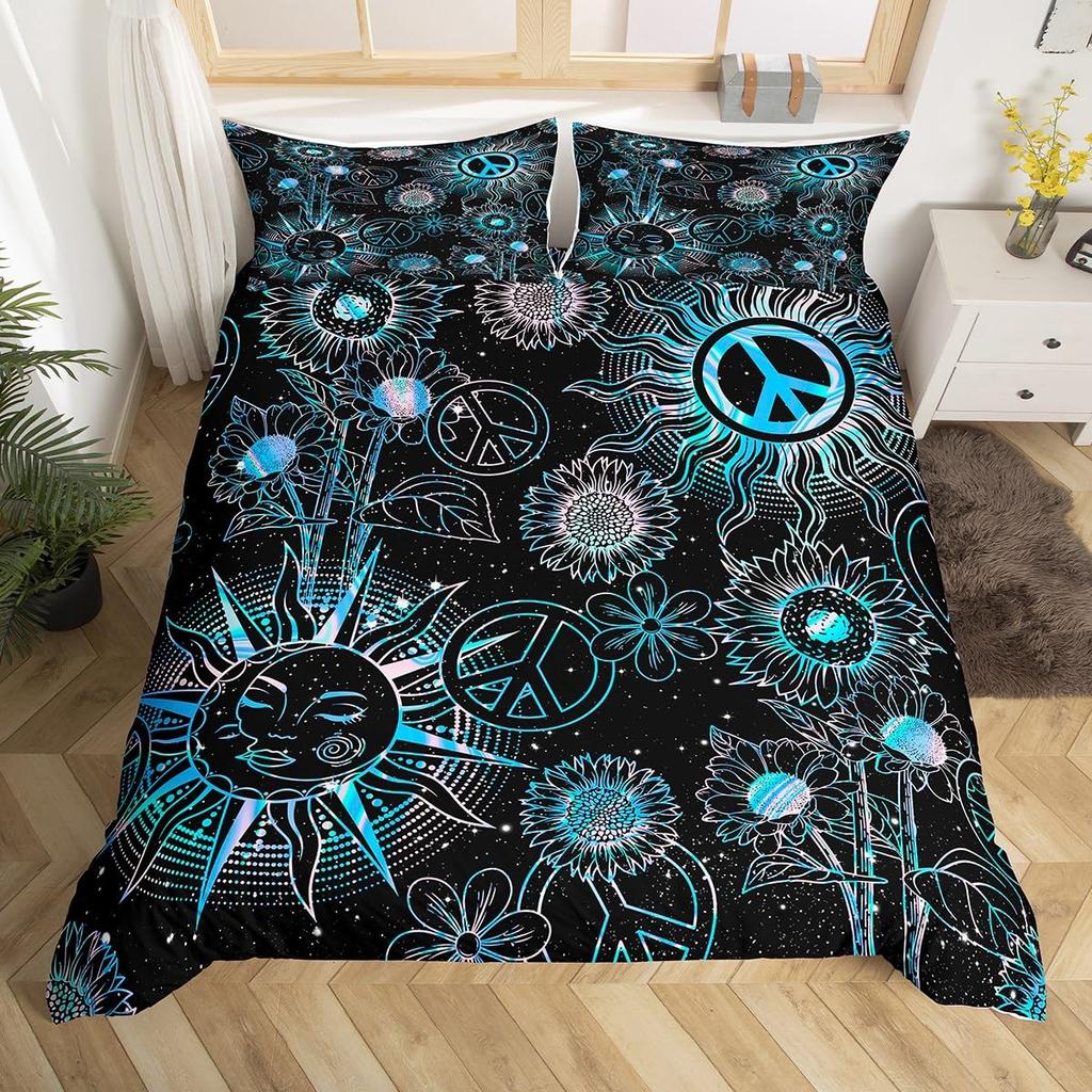 Zestaw poszewek na kołdrę Słońce i Księżyc Rozmiar Queen, Zestaw pościeli w stylu Boho Hippy ze znakiem Pokoju, Dekoracja pokoju dziewcząt i chłopców, Rustykalna poszewka na kołdrę