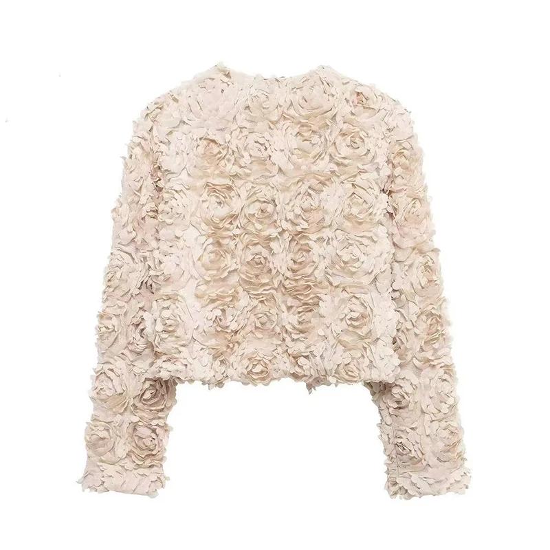 Street Short 3d Flower Lace Jacket Women Chic O-neck Long Sleeve Zipper Female Coats Autumn Lady All-match Outwears