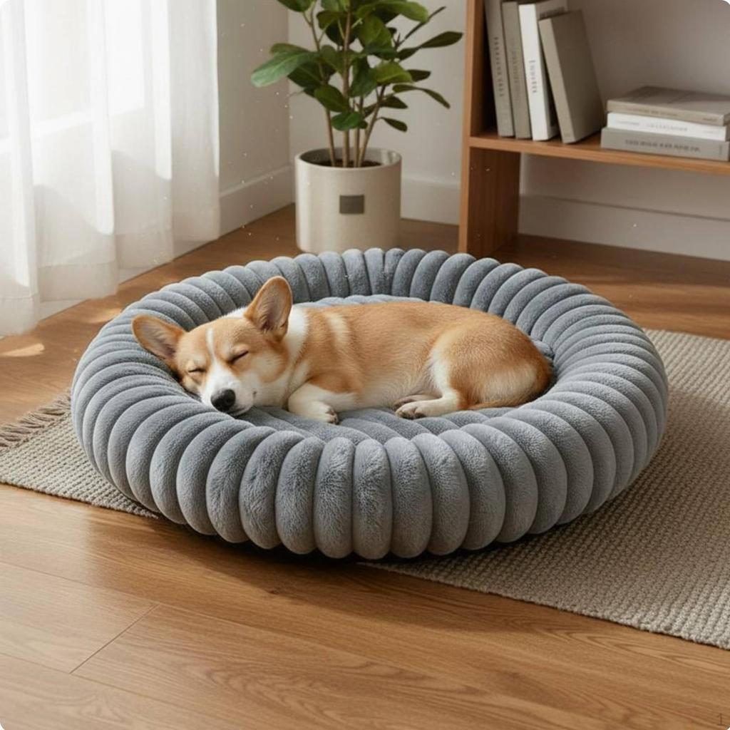 Round Soft Pet Bed Warm Donut Dog FourSeason Ribbed Lounger for Dogs, Cats Gray 40CM