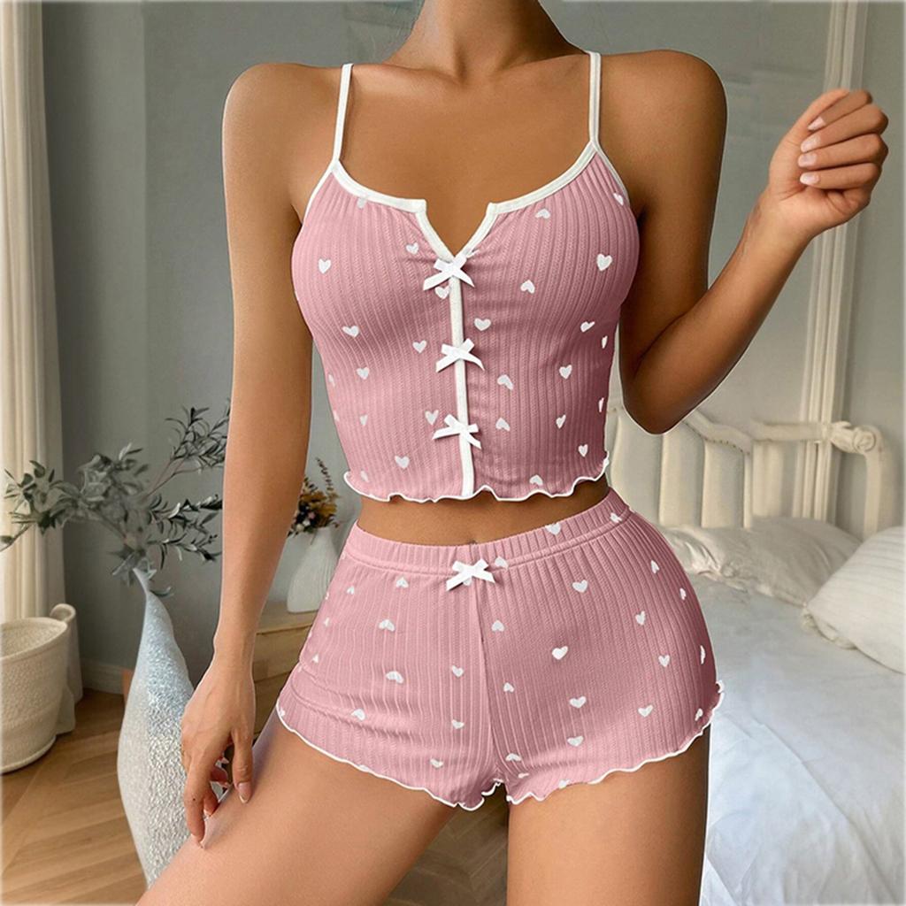 Women's Heart Printed Front Slit Camisole Pajama Set Sleepwear Loungewear
