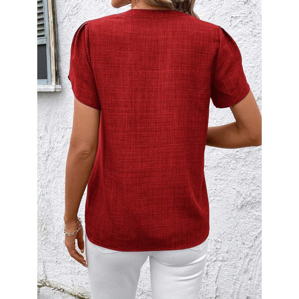 GMXIA Spring Summer Semi-open Collar Short Sleeve Shoulder Crepe Pullover Solid Color Printed Inch Shirt T Top Women