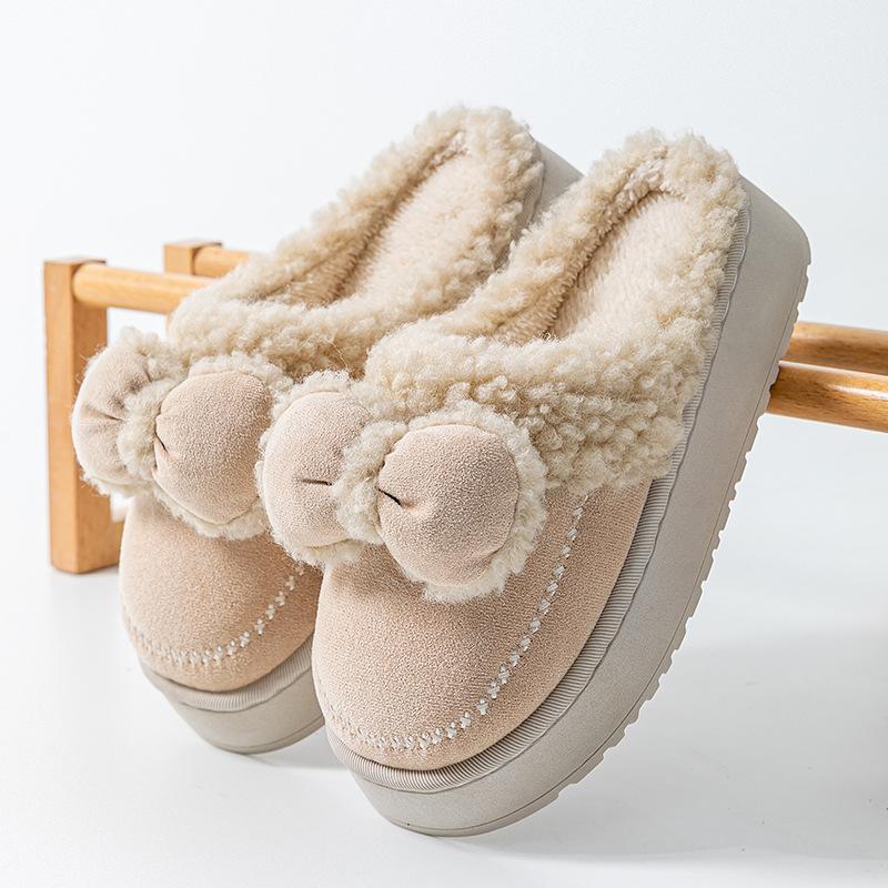 Bow Cotton Slippers Thickened Cotton Shoes Autumn and Winter Velvet Warm Comfortable Indoor Home and Outdoor Shoes