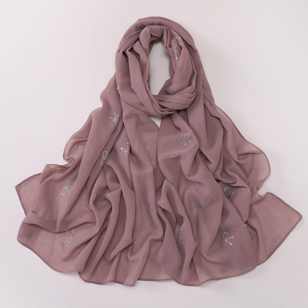 Pearl Chiffon Starry Bow Rhinestone Long Scarf Muslim Women Headscarf