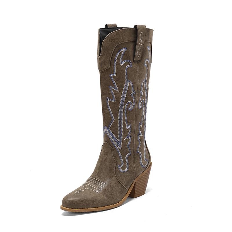 

FOREADA Women PU Leather Knee High Long Boots Round Toe Thick High Heels Embroidery Western Cowgirl Boots Ladies Shoes Winter 46 39 хаки