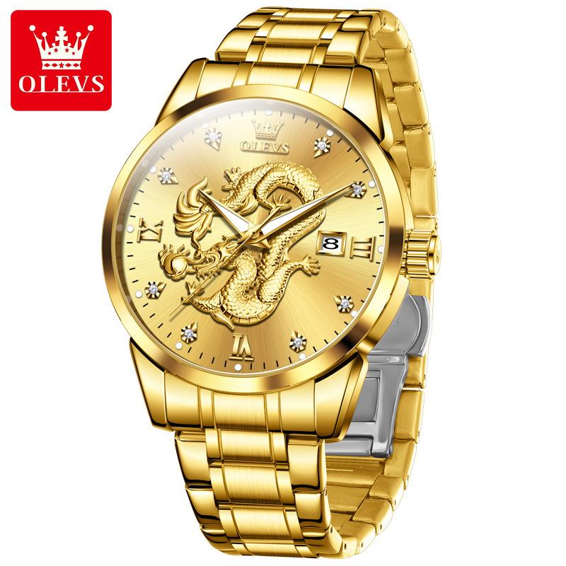 OLEVS Mens Watches Top Brand Luxury China Loong Dragon Dial Gold Quartz Watch for Men Waterproof Luminous Date Fashion Wacth Men
