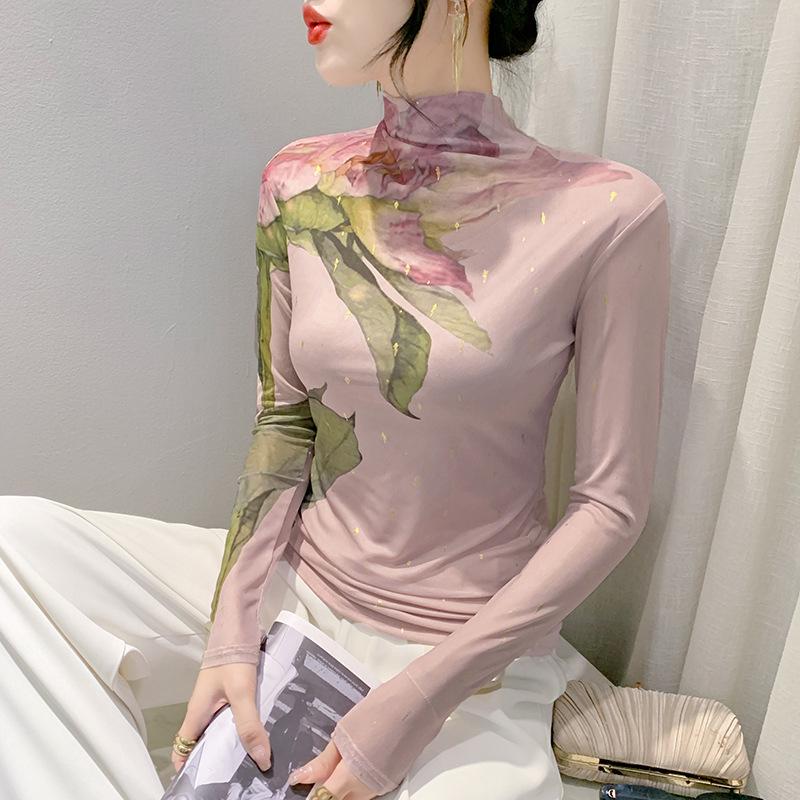 Women's Autumn 2023 Mesh High Neck Printed Long Sleeve Top