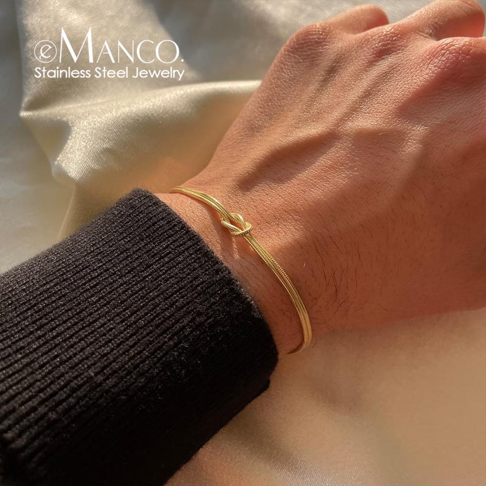 eManco Gold & Silver Stainless Steel Art Deco Knot Slim Snake Chain Bracelet Couple Social Art Jewelry