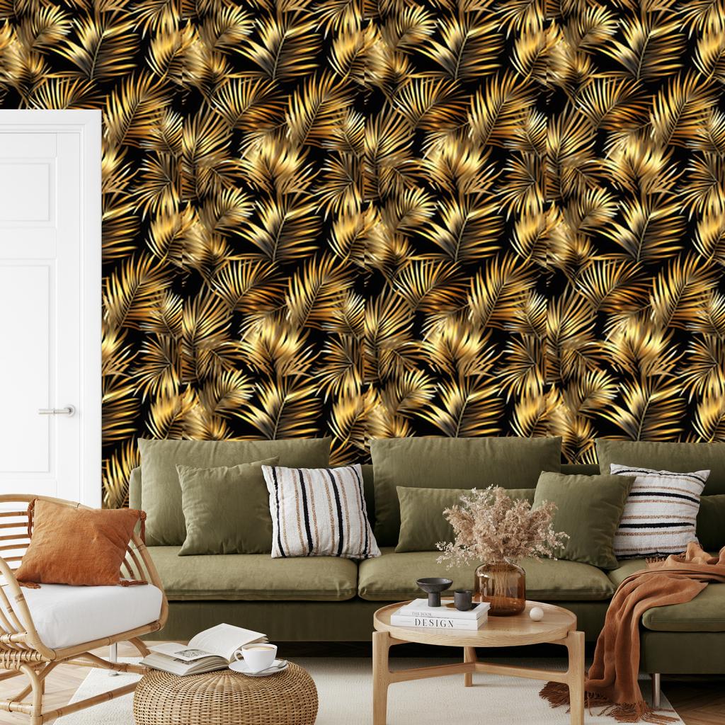 Flowers and Leaves Wallpaper Ochre and Gold for Living Room and Bedroom 50x1000