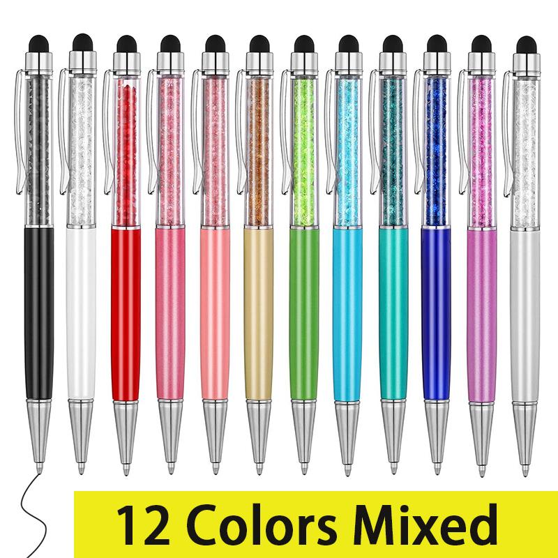 

24 шт. хрустальные ручки, блестящие алмазные ручки, симпатичная ручка для ведения дневника, металлические тонкие шариковые ручки, стилус для сенсорного экрана, забавная ручка 12 Colors Mixed чёрный