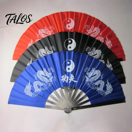 Handheld Tai Ji Fan Dual Dragon Print Loud Clack Chinese Style Portable Large Size Performance Prop Crafts Anti-rust Stainless Steel Rib Folding