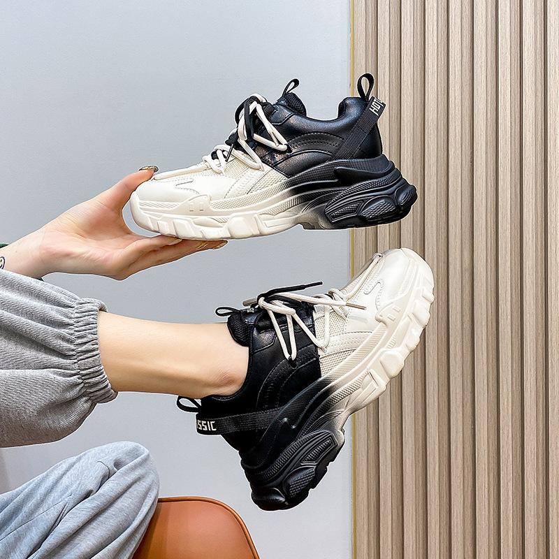 Platform Dad Shoes Women's 2025 Autumn New Leather Green Contrasting Color Gradual Change Ins Women's Shoes Casual Sports Shoes