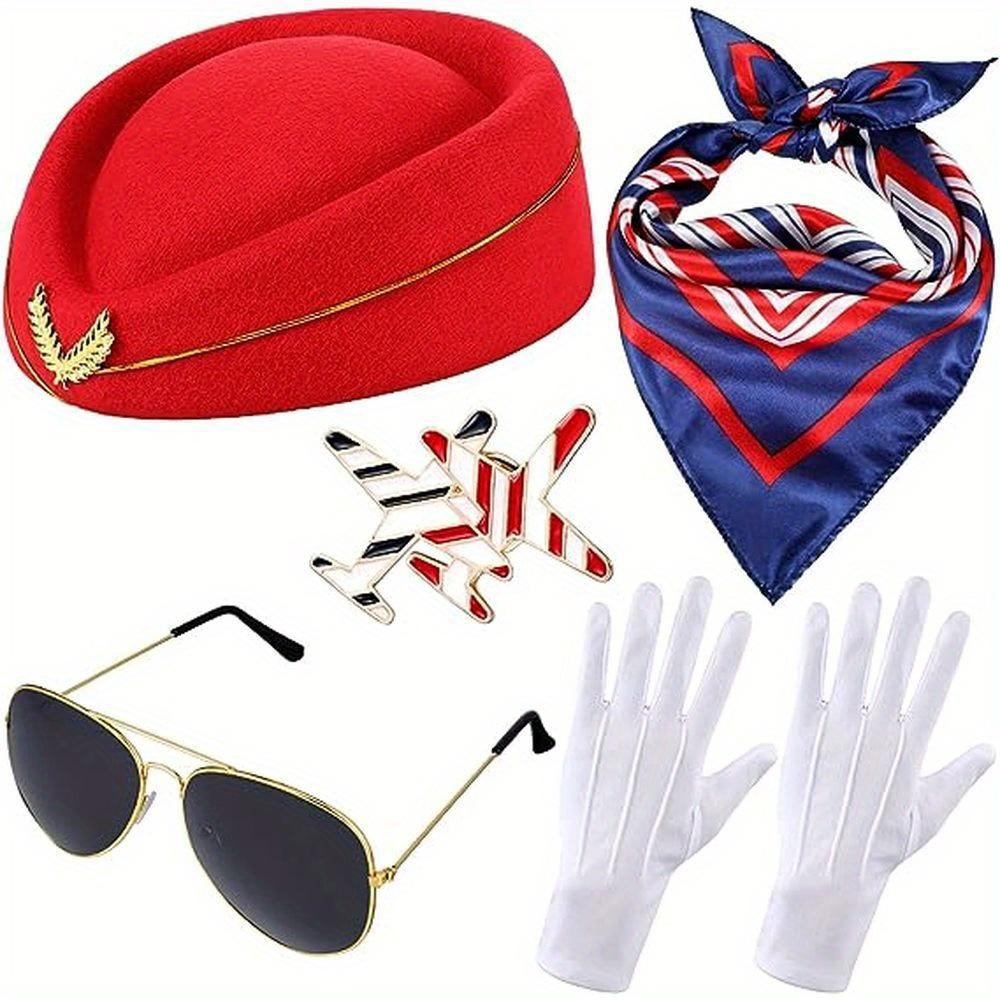 PESENAR Women Flight Attendant Costume Set Stewardess Accessories with Bellhop Hat, Scarf, Sunglasses & Gloves