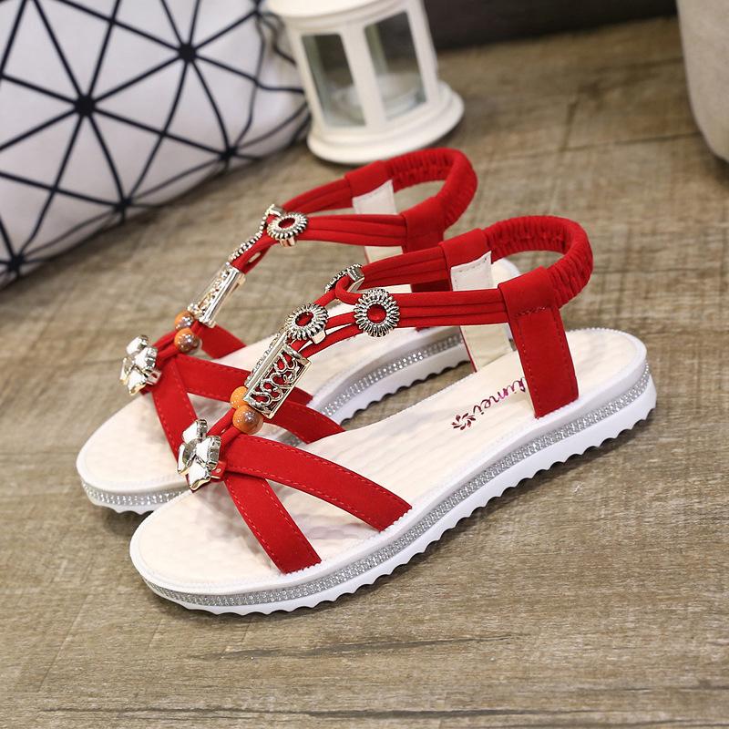 

2024 весна-лето новые модные босоножки на плоской подошве однотонные бохо с бусинами открытые римские босоножки на плоской подошве женская обувь 35 красный