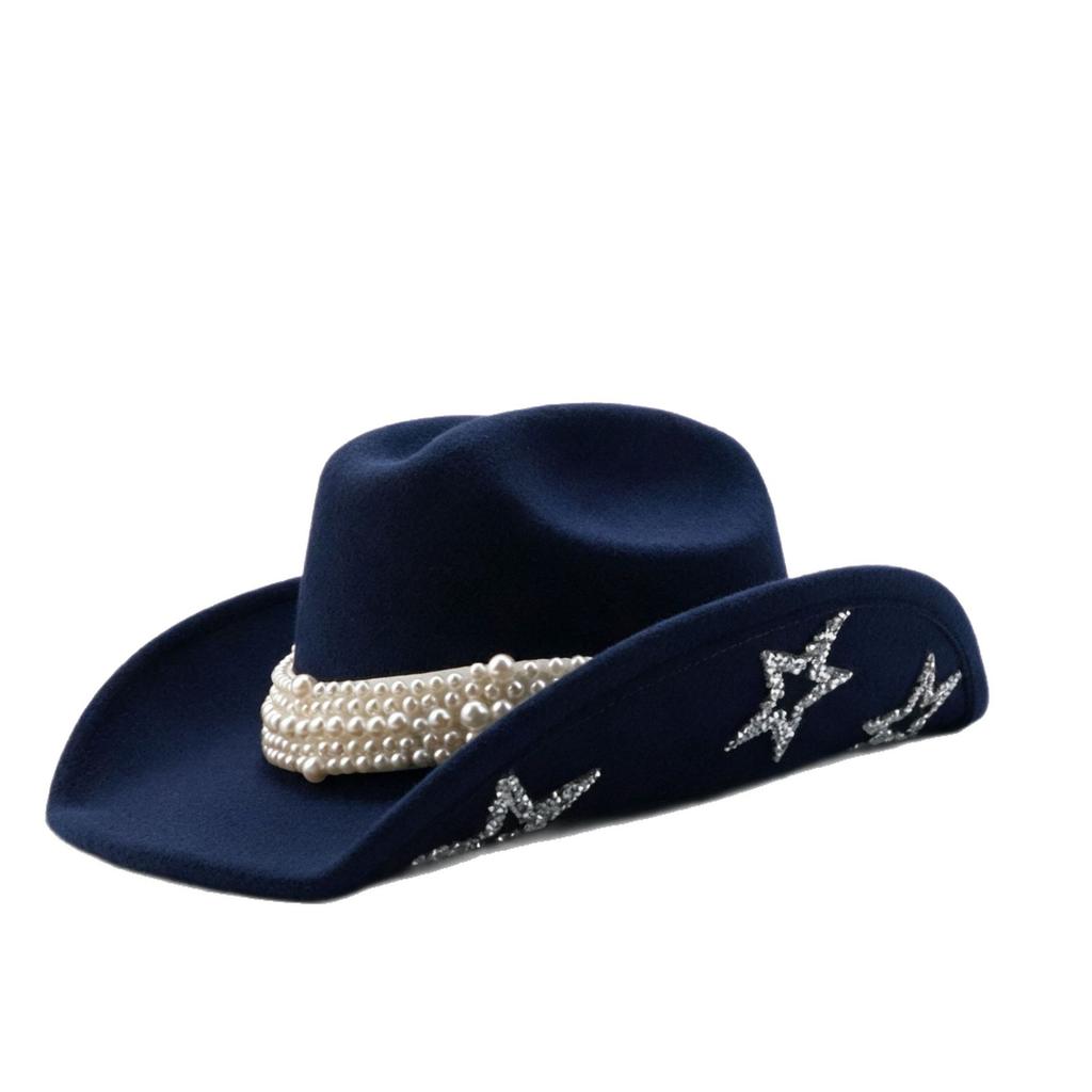 European and American Pearl Retro Woolen Top Hat Fashion Western Cowboy Hat Autumn and Winter British Jazz Hat