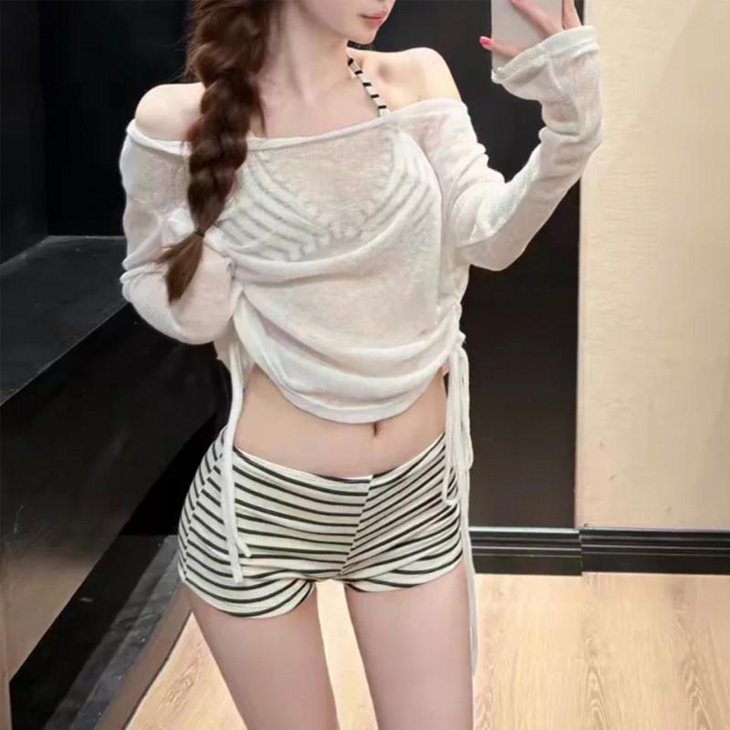 Womens White Striped Bikini Set With Long Sleeve Rash Guard Top High Waist Bottoms UV Protection Swimwear
