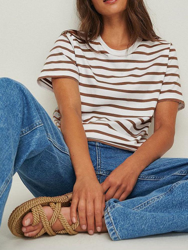 

Летние полосатые футболки с коротким рукавом, женские трикотажные базовые повседневные топы, женская удобная свободная хлопковая футболка 2023 года, рубашка Harajuku XL кофейный